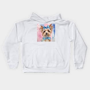 Cute preppy Terrier with blue bows watercolor painting Kids Hoodie